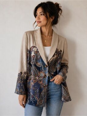 Susan Graver Paisley Print Open Front Blazer Jacket Size Small Boho Chic
